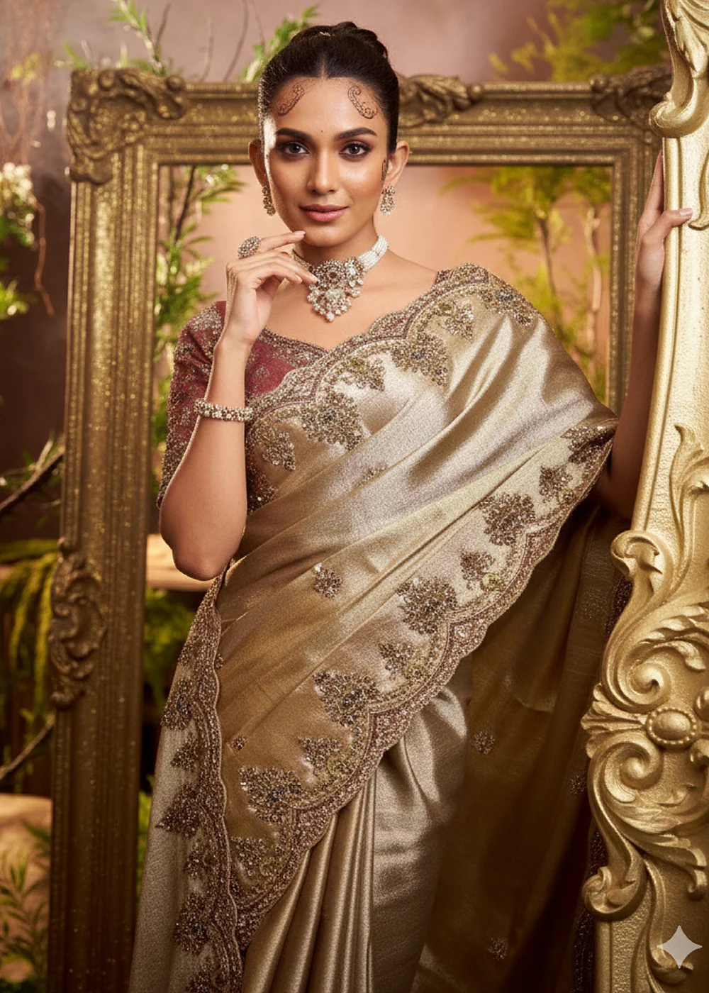 Golden Viscose Silk Heavy Embroidered Wedding Saree - Image 2