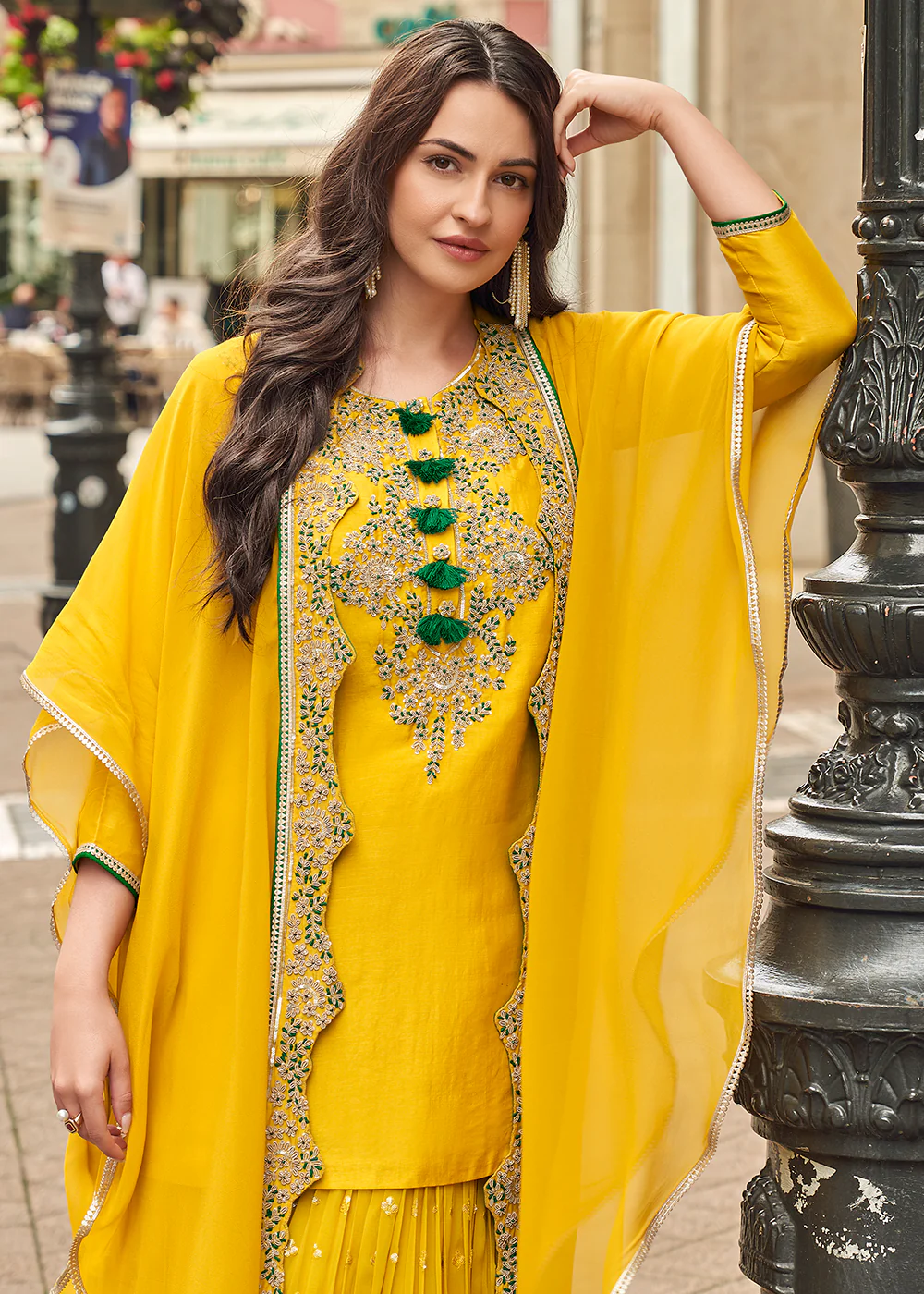 Golden Yellow Embroidered Festive Gharara Style Suit - Image 2