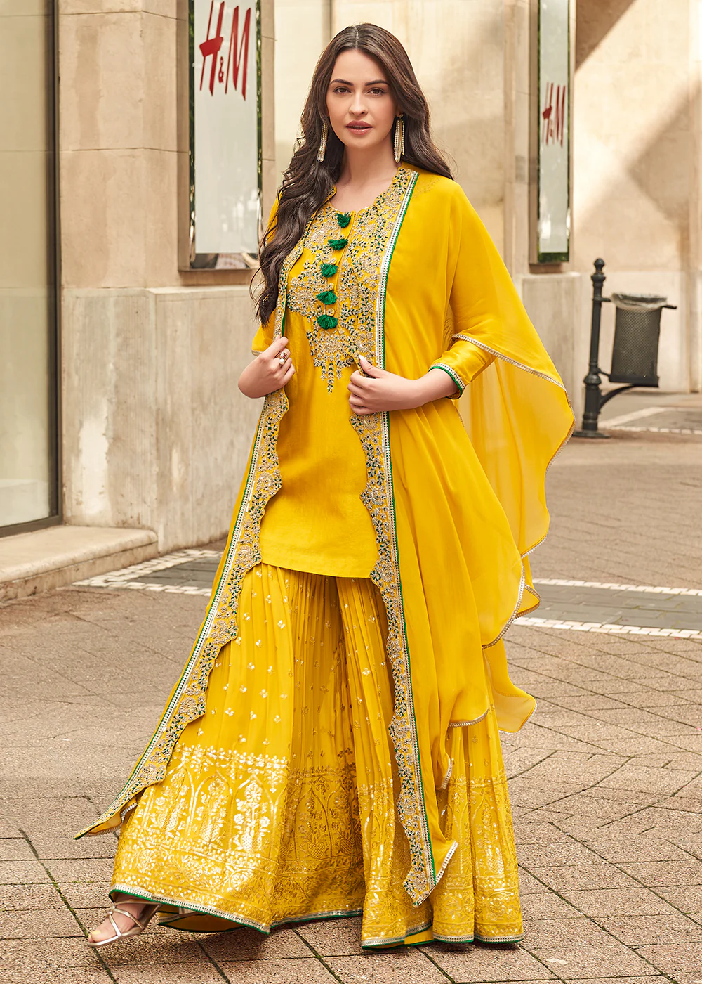 Golden Yellow Embroidered Festive Gharara Style Suit - Image 3