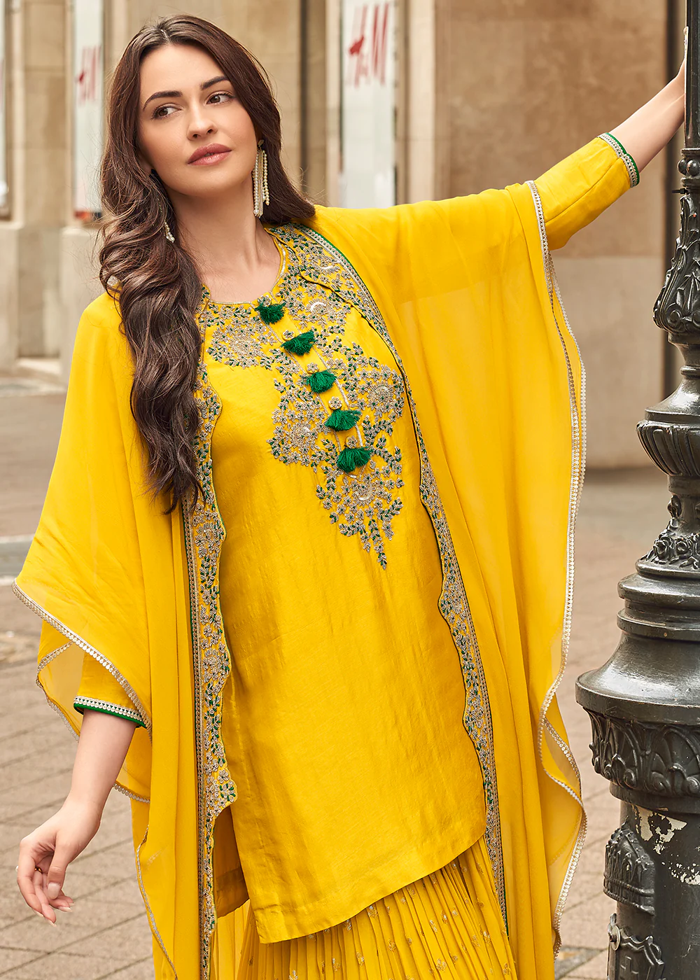 Golden Yellow Embroidered Festive Gharara Style Suit - Image 4
