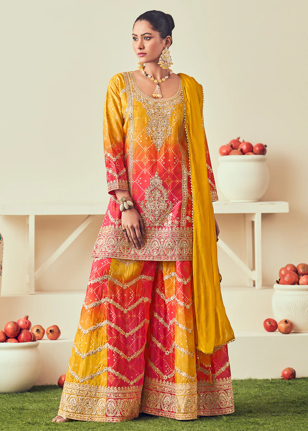 Golden Yellow Heavy Embroidered Designer Palazzo Dress