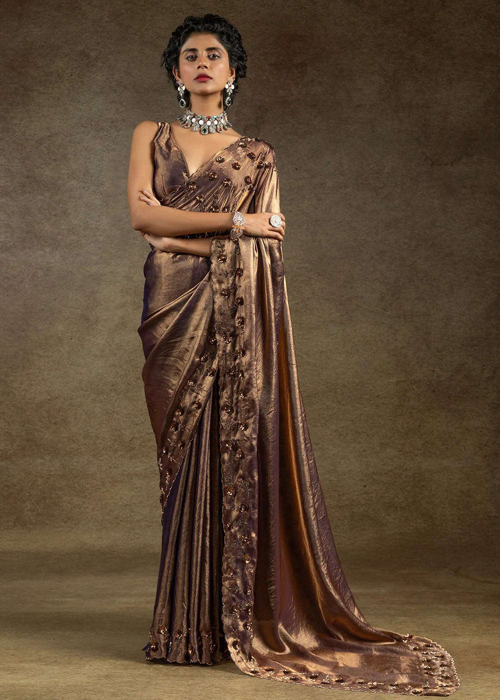 Golden Zarkan Work Embroidered Designer Party Wear Saree