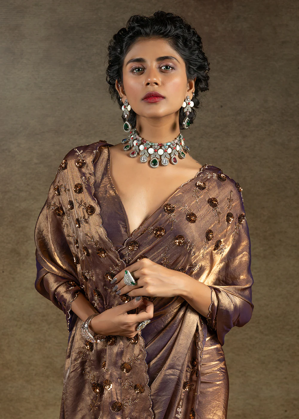 Golden Zarkan Work Embroidered Designer Party Wear Saree - Image 2