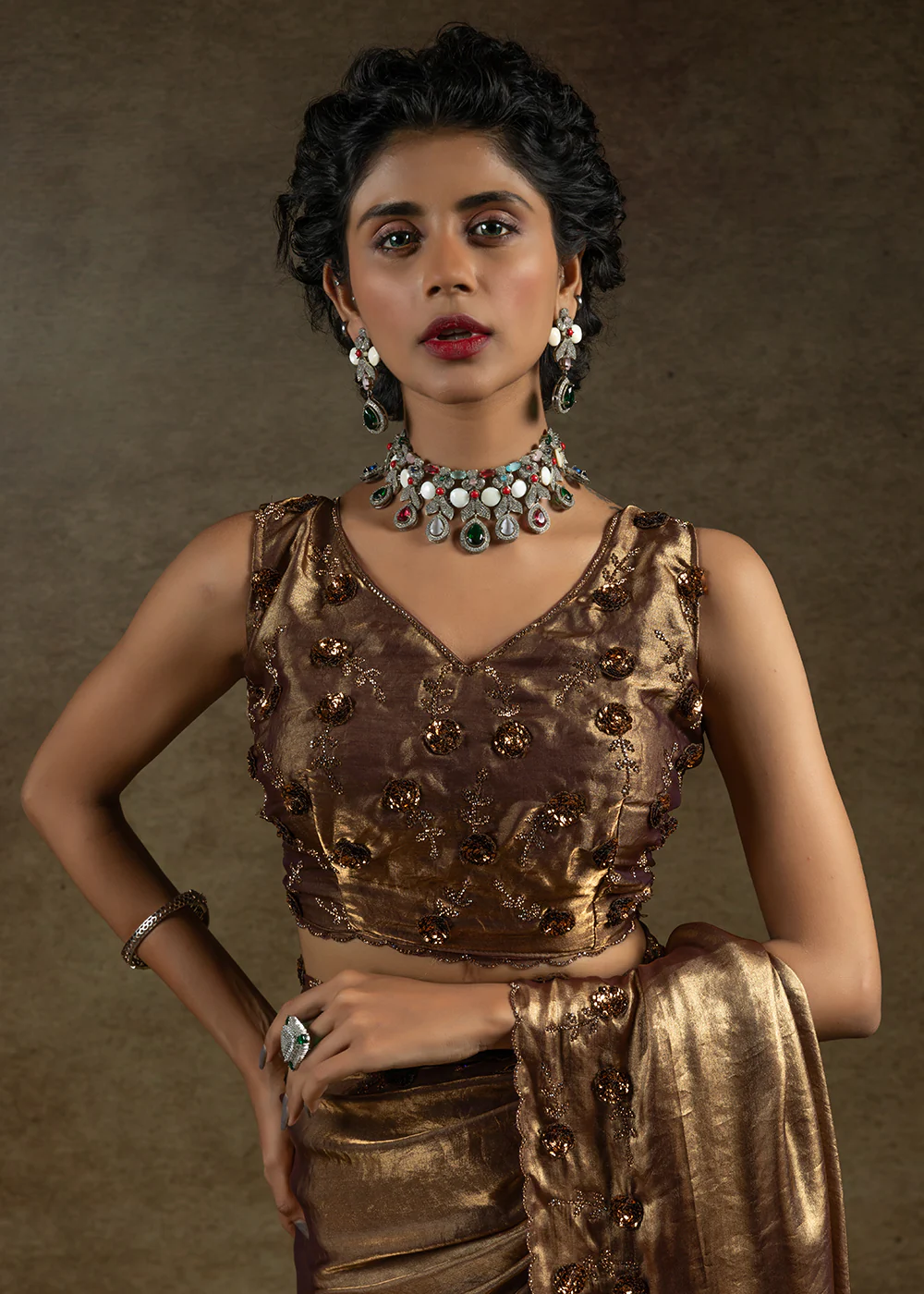 Golden Zarkan Work Embroidered Designer Party Wear Saree - Image 5