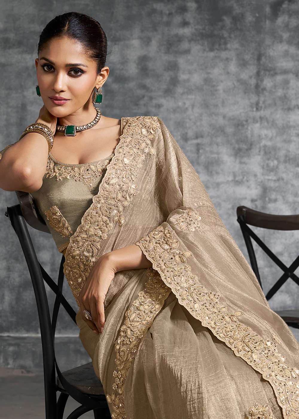 Gorgeous Beige Tissue Zari Party Wear Designer Saree - Image 2