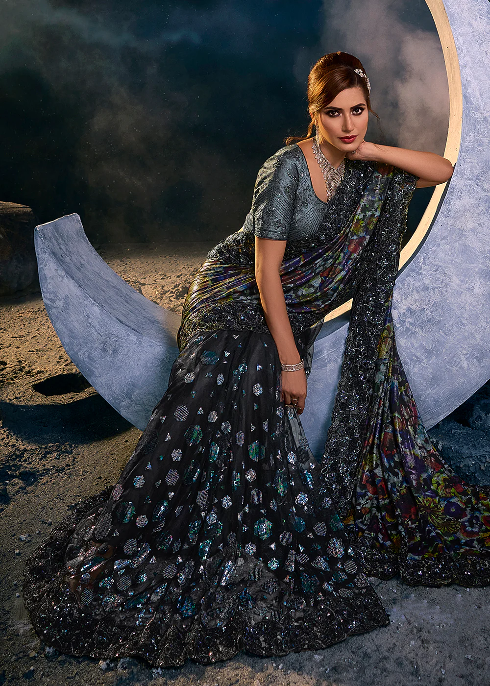 Gorgeous Black Premium Net Heavy Embroidered Designer Saree - Image 2