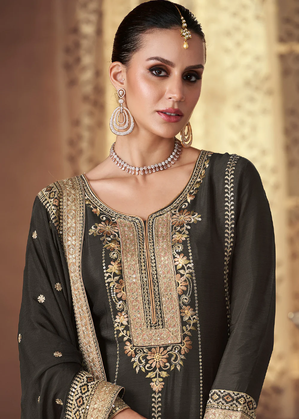 Gorgeous Black Real Chinnon Embroidered Designer Sharara Suit - Image 2