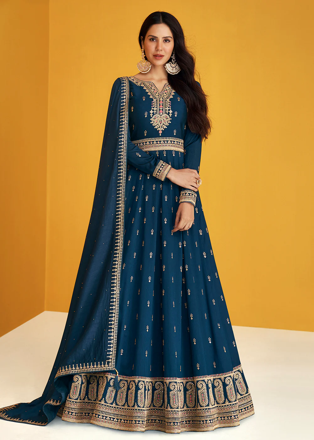Gorgeous Blue Silk Festive Long Anarkali Featuring Sonam Bajwa