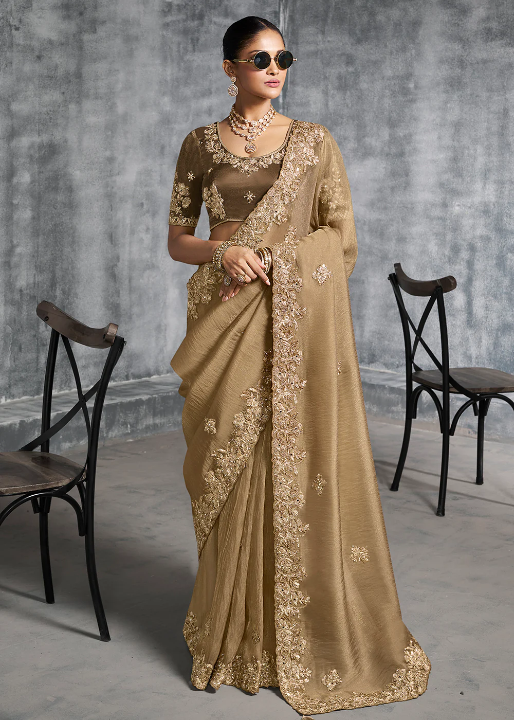 Gorgeous Brown Tissue Zari Party Wear Designer Saree