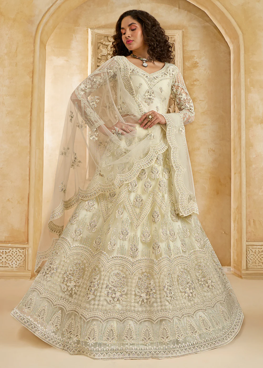 Gorgeous Cream Heavy Net Embroidered Bridal Lehenga Choli