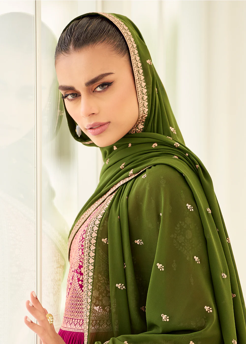 Gorgeous Georgette Magenta & Green Wedding Palazzo Suit - Image 4