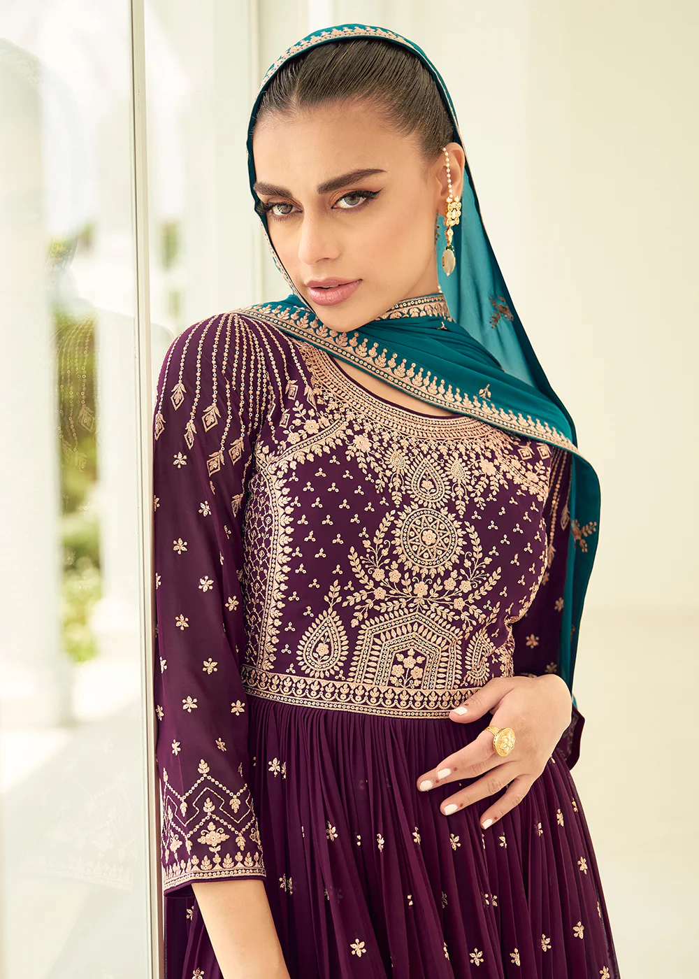 Gorgeous Georgette Purple & Teal Wedding Palazzo Suit - Image 2