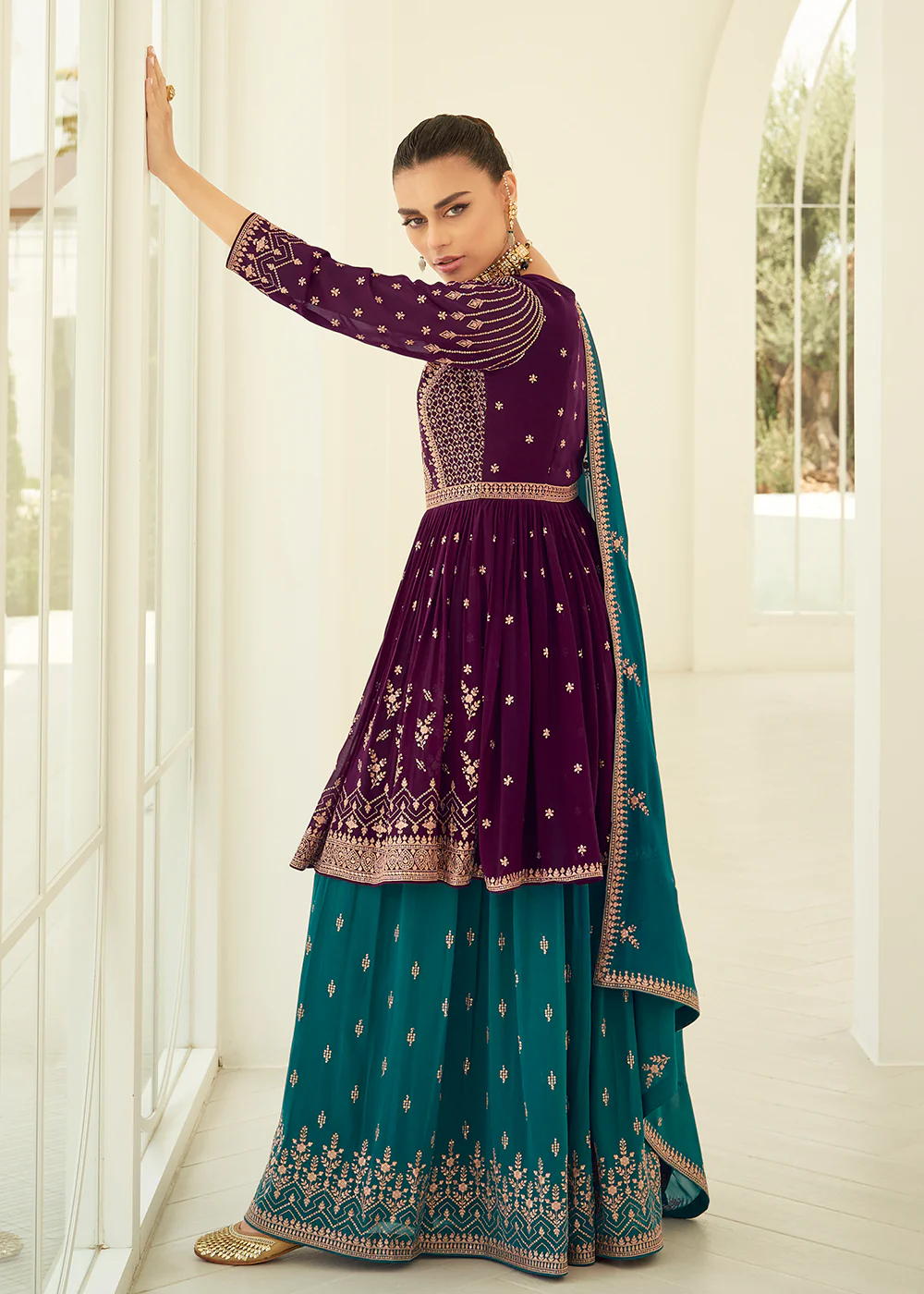 Gorgeous Georgette Purple & Teal Wedding Palazzo Suit - Image 3