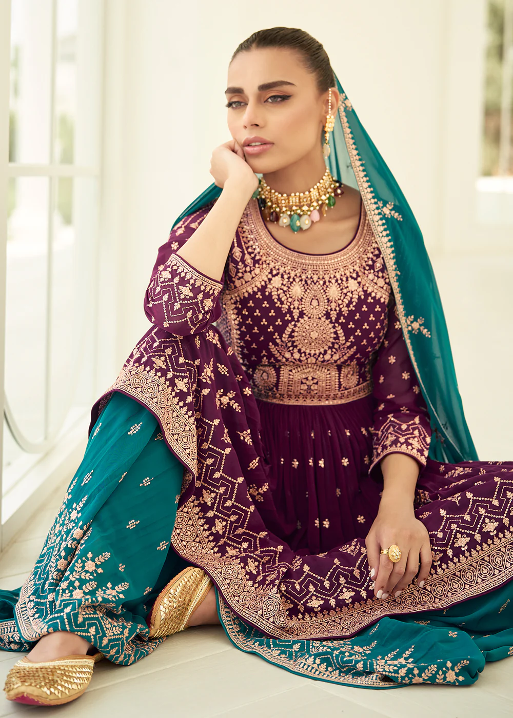 Gorgeous Georgette Purple & Teal Wedding Palazzo Suit - Image 4