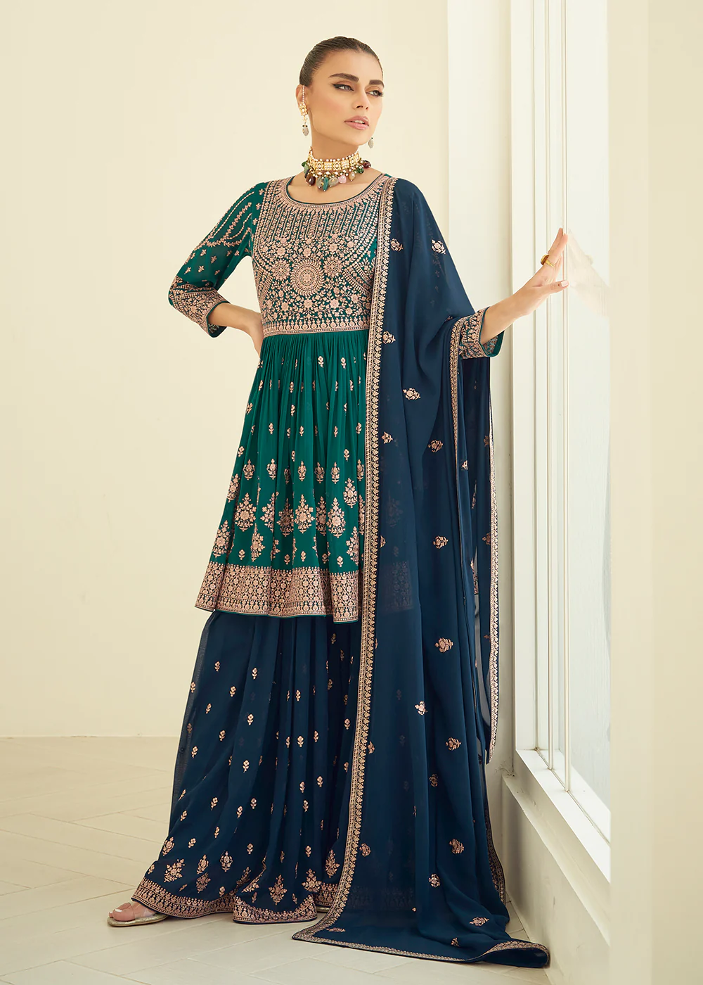 Gorgeous Georgette Teal & Navy Blue Wedding Palazzo Suit - Image 3