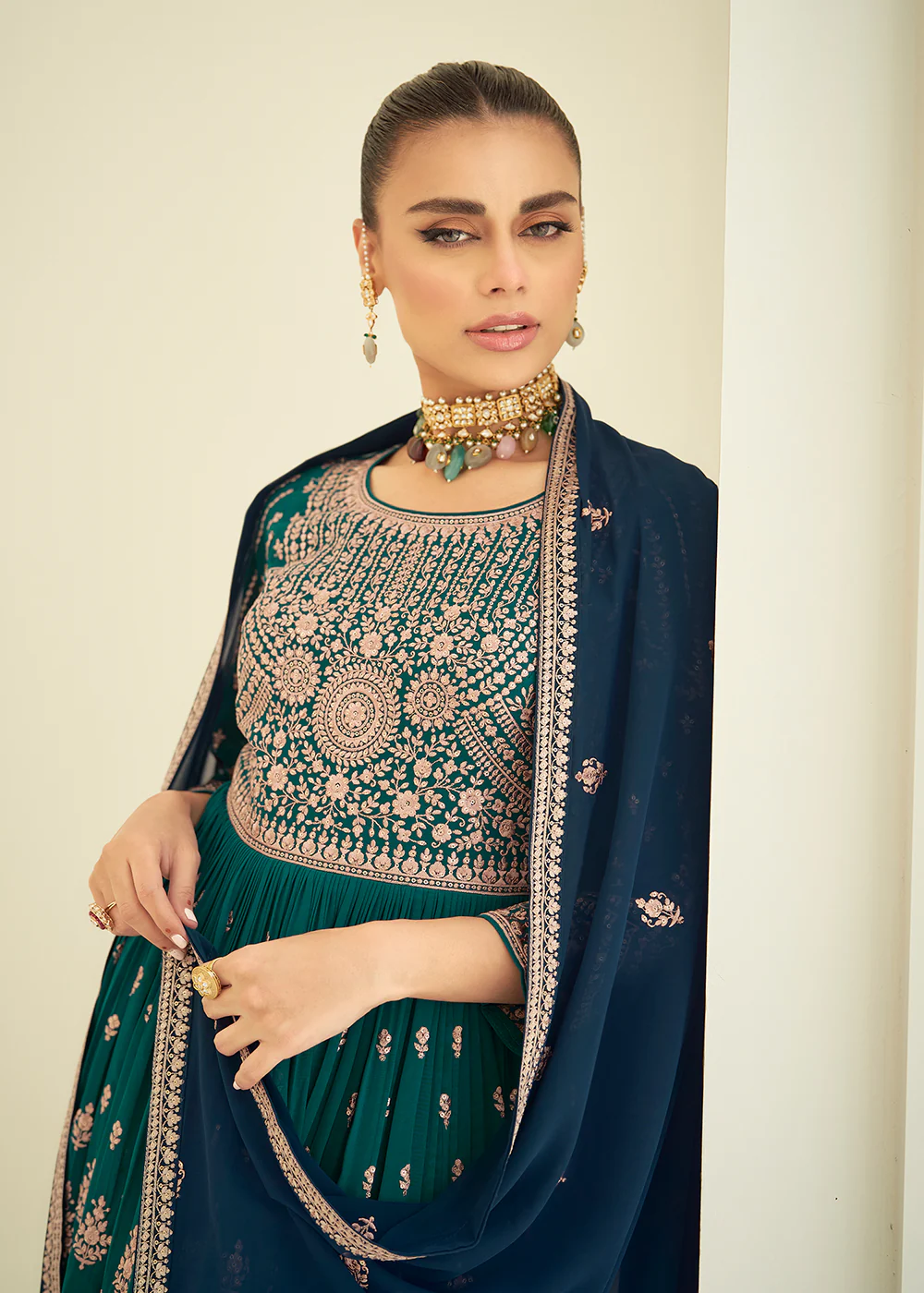 Gorgeous Georgette Teal & Navy Blue Wedding Palazzo Suit - Image 4