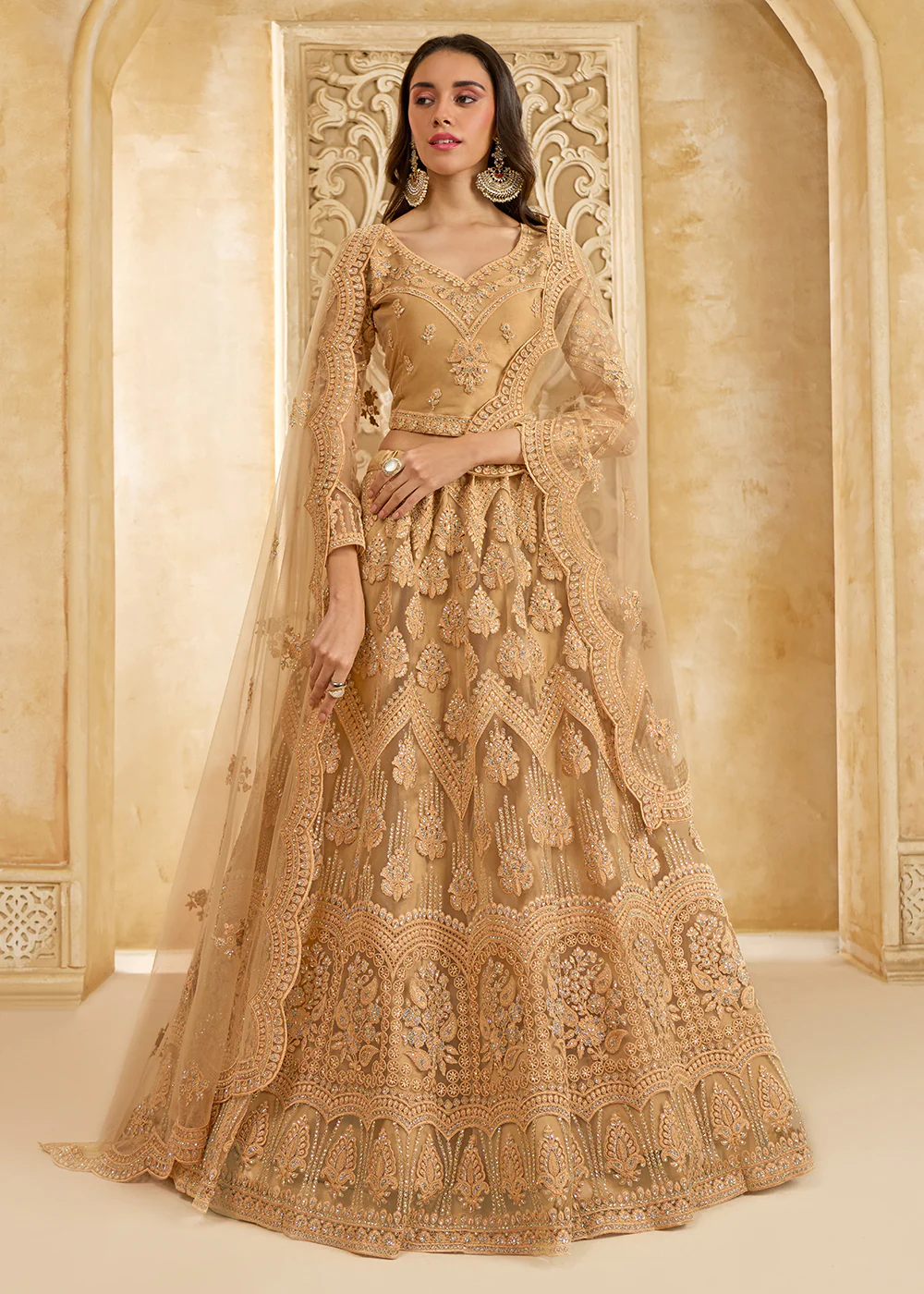Gorgeous Golden Heavy Net Embroidered Bridal Lehenga Choli