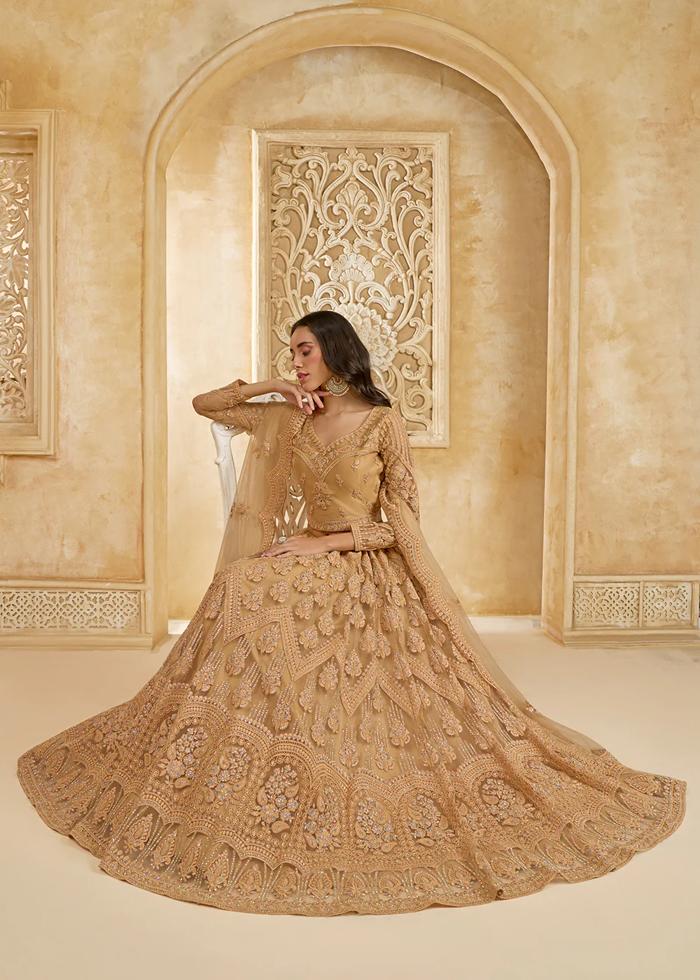 Gorgeous Golden Heavy Net Embroidered Bridal Lehenga Choli - Image 4