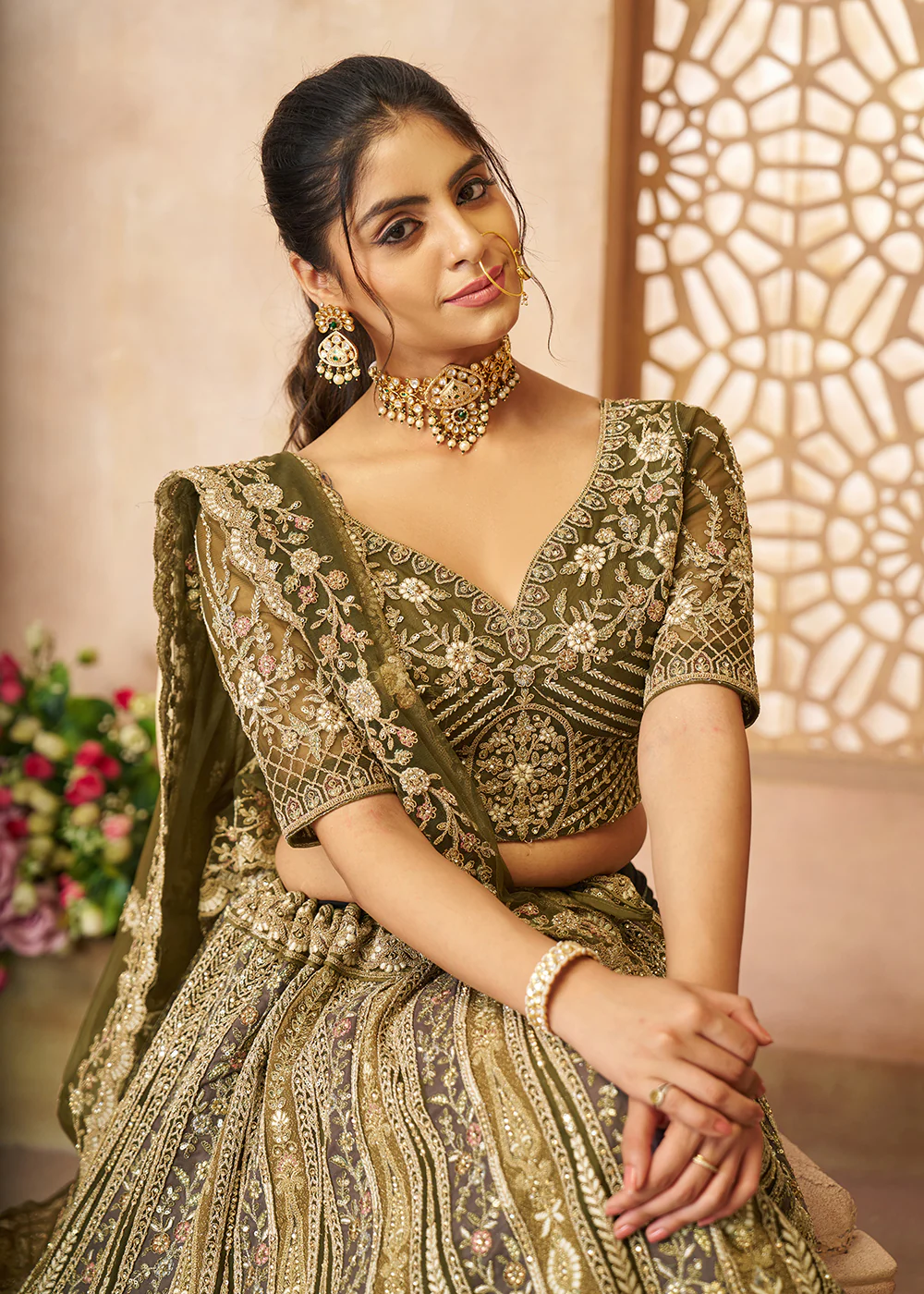 Gorgeous Green Heavy Embroidered Bridal Lehenga for Mehndi - Image 2