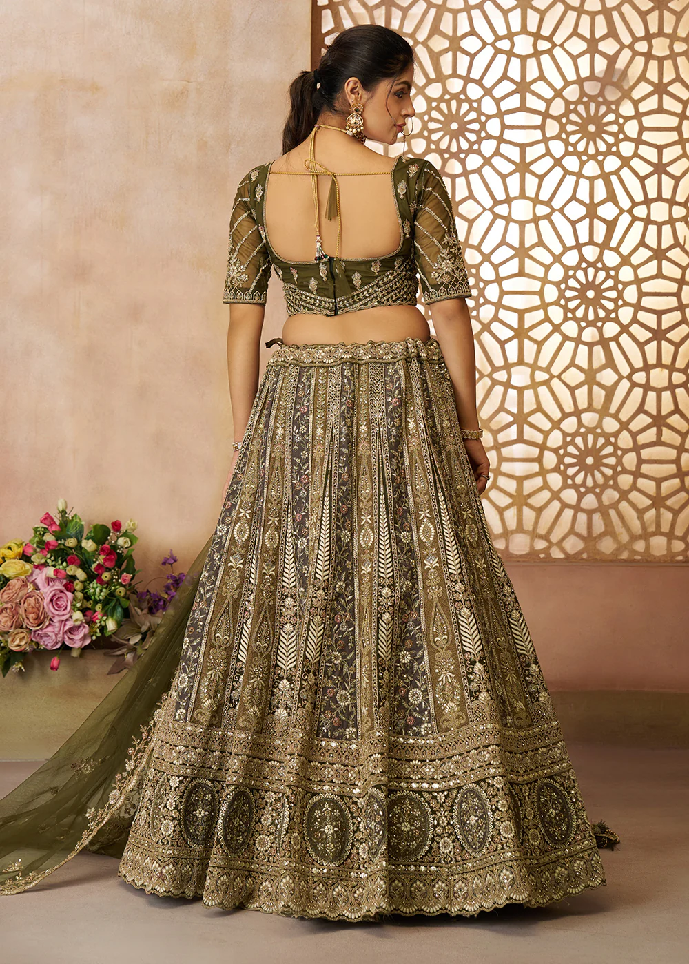 Gorgeous Green Heavy Embroidered Bridal Lehenga for Mehndi - Image 3