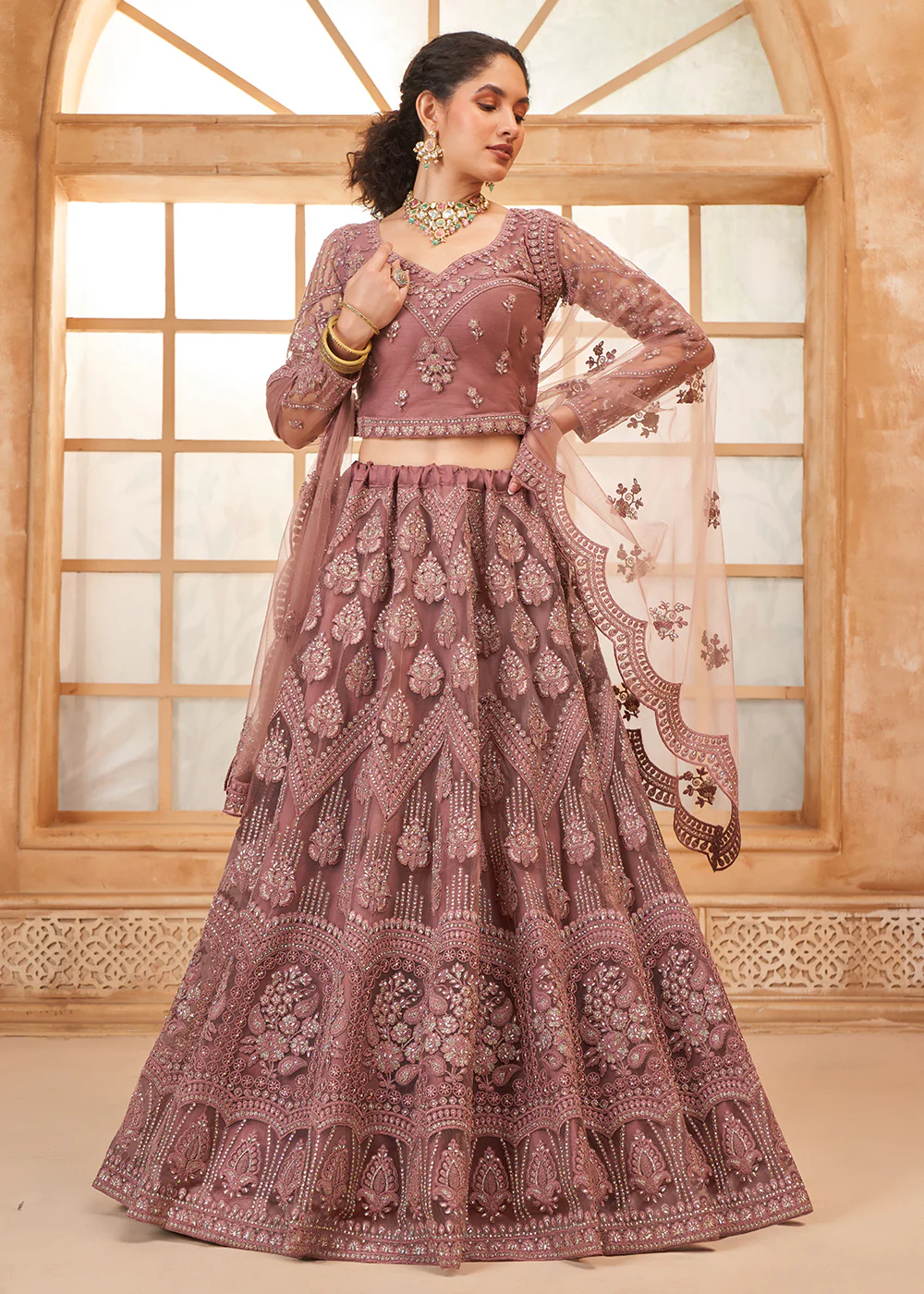 Gorgeous Mauve Heavy Net Embroidered Bridal Lehenga Choli