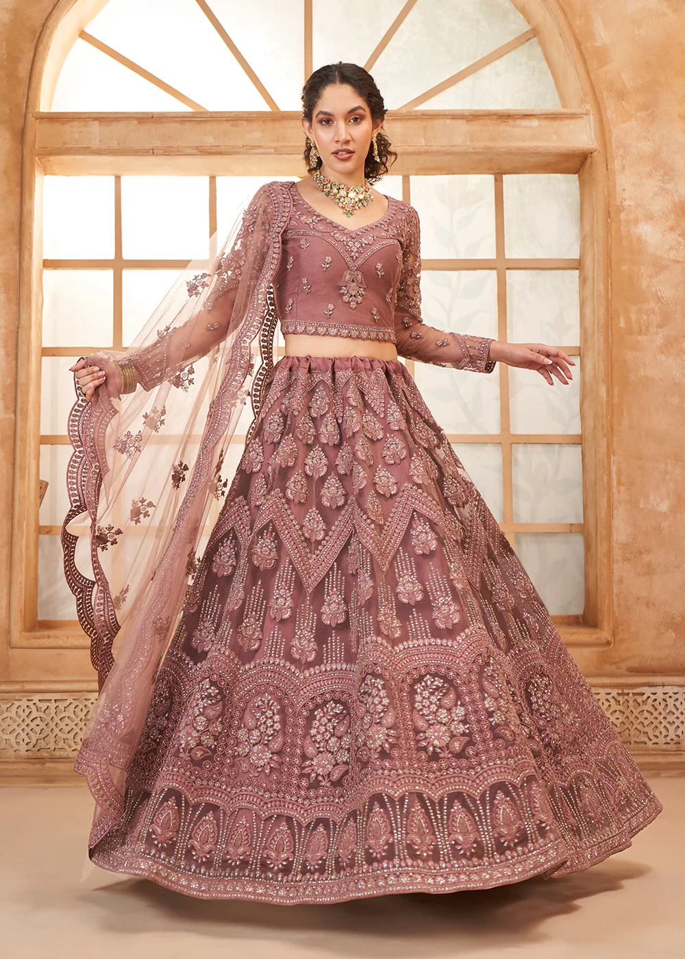 Gorgeous Mauve Heavy Net Embroidered Bridal Lehenga Choli - Image 4