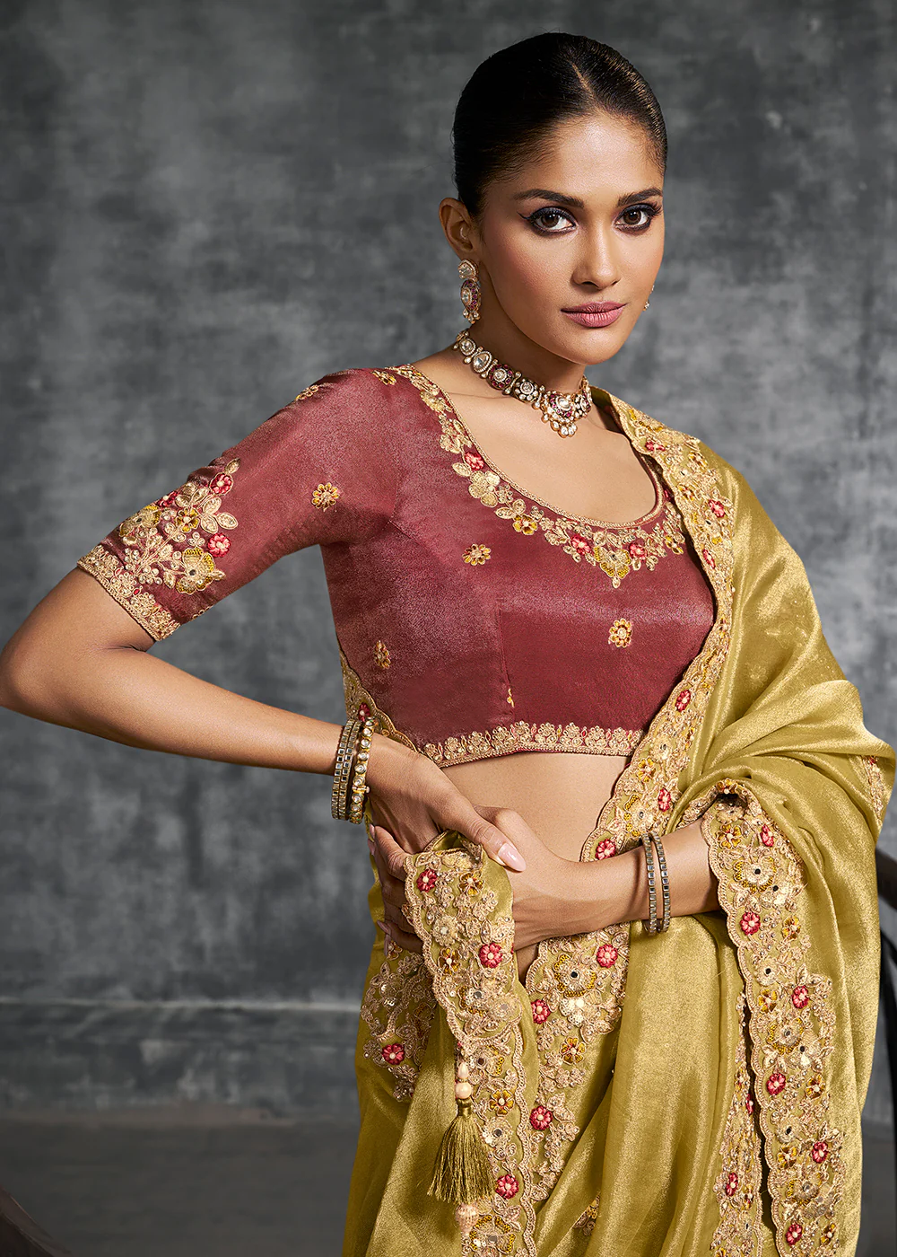 Gorgeous Mustard Tissue Zari Party Wear Designer Saree - Image 2