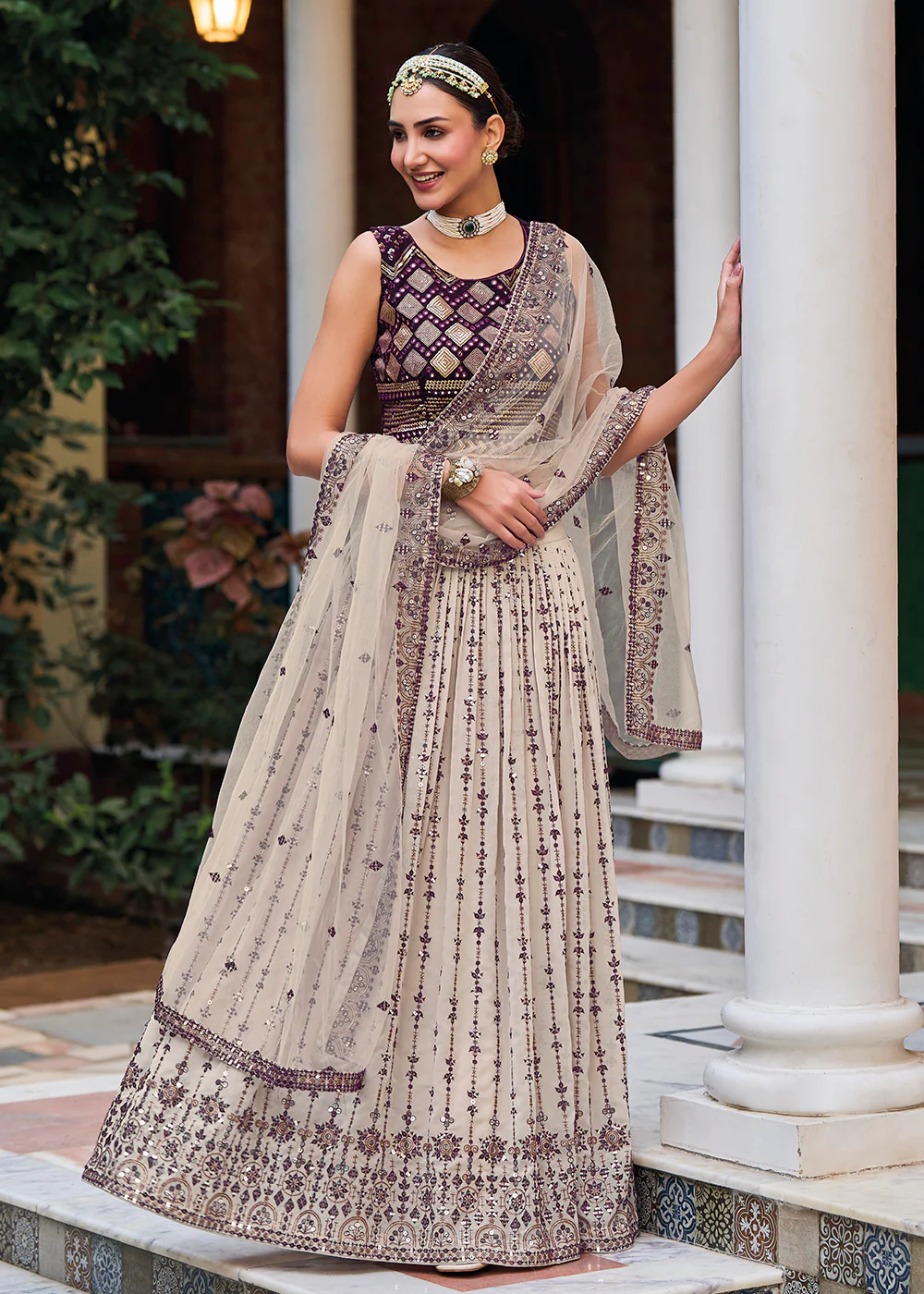 Gorgeous Off White & Purple Heavy Embroidery Wedding Party Lehenga