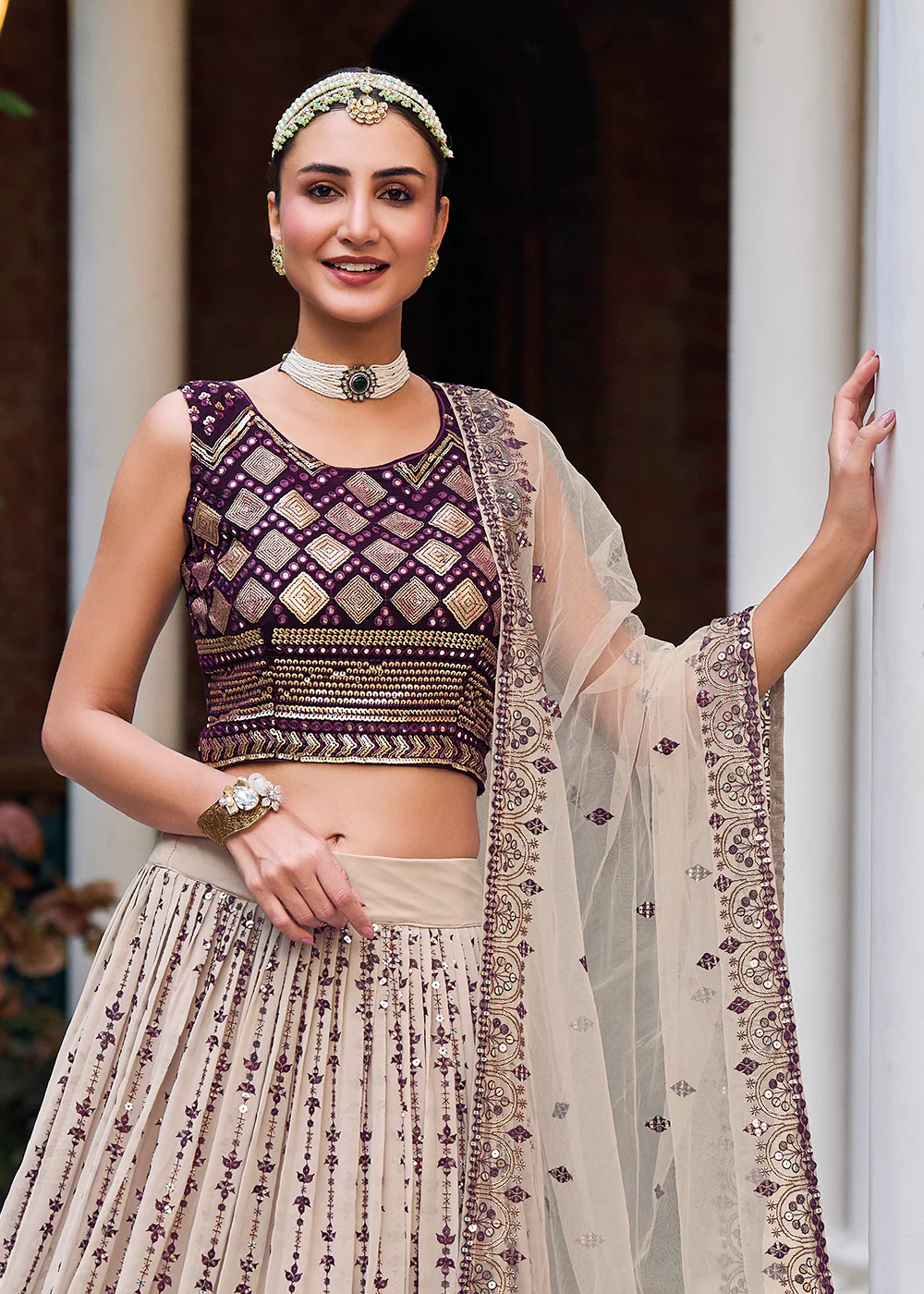 Gorgeous Off White & Purple Heavy Embroidery Wedding Party Lehenga - Image 2