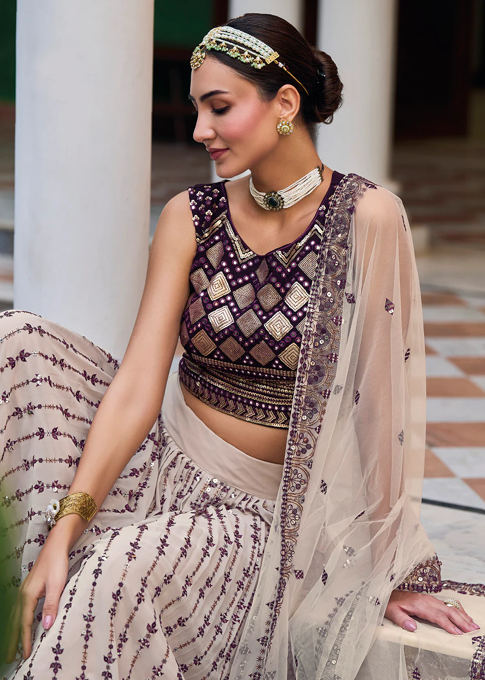 Gorgeous Off White & Purple Heavy Embroidery Wedding Party Lehenga - Image 3