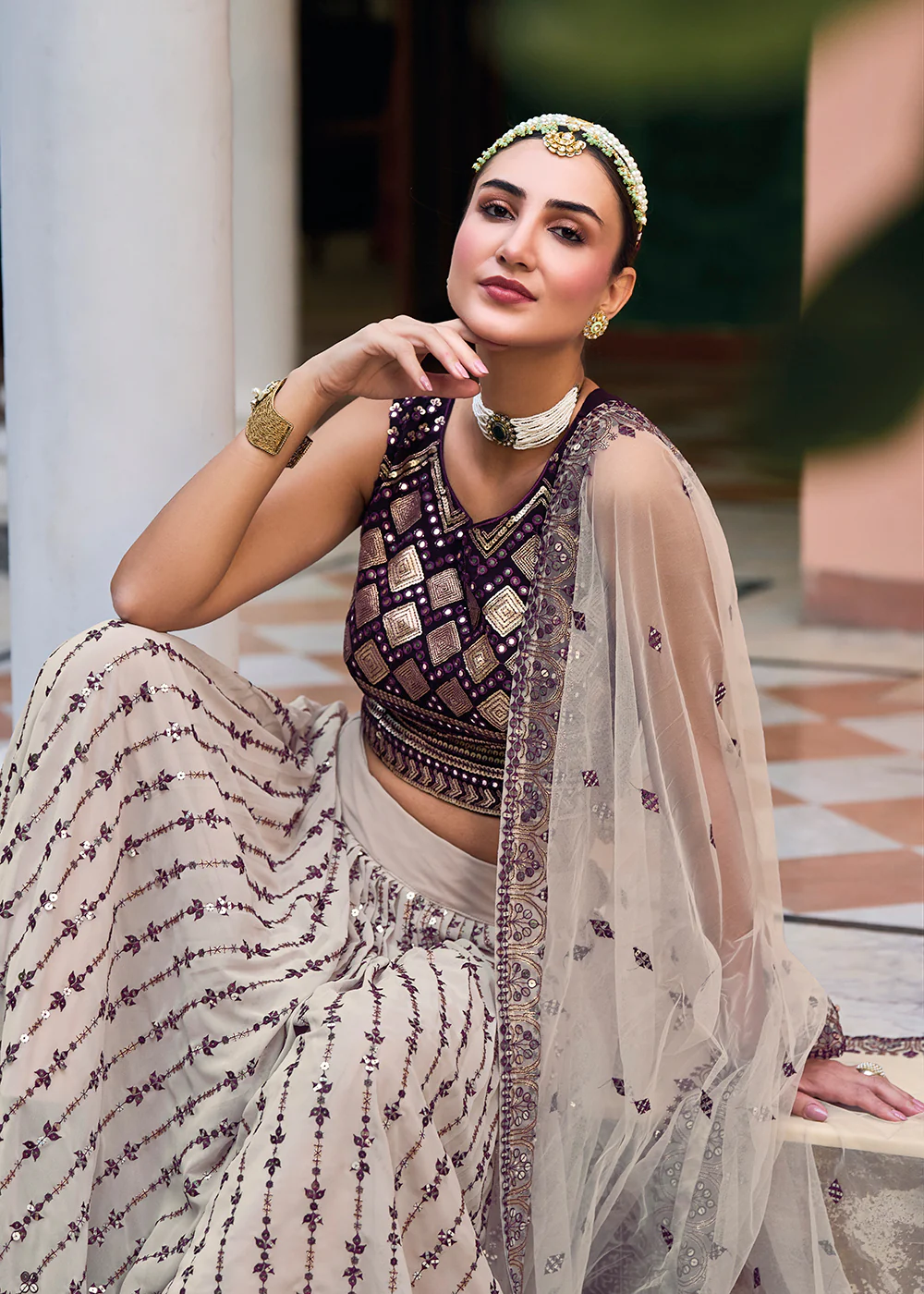 Gorgeous Off White & Purple Heavy Embroidery Wedding Party Lehenga - Image 4