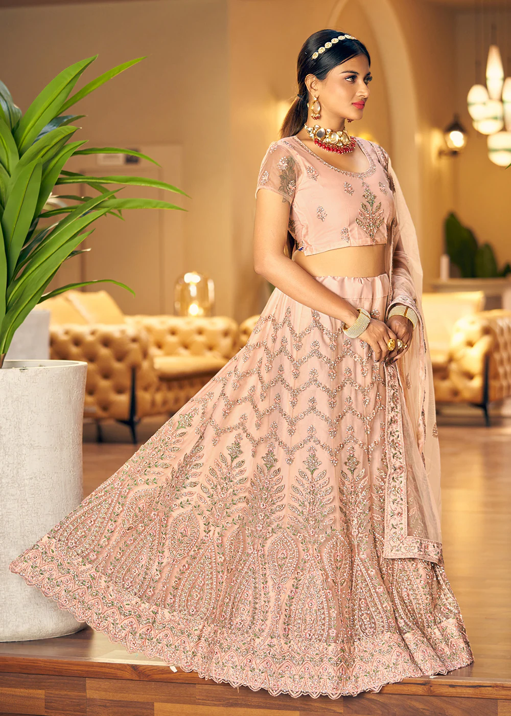 Gorgeous Peach Fancy Fabric Wedding Lehenga Choli - Image 4