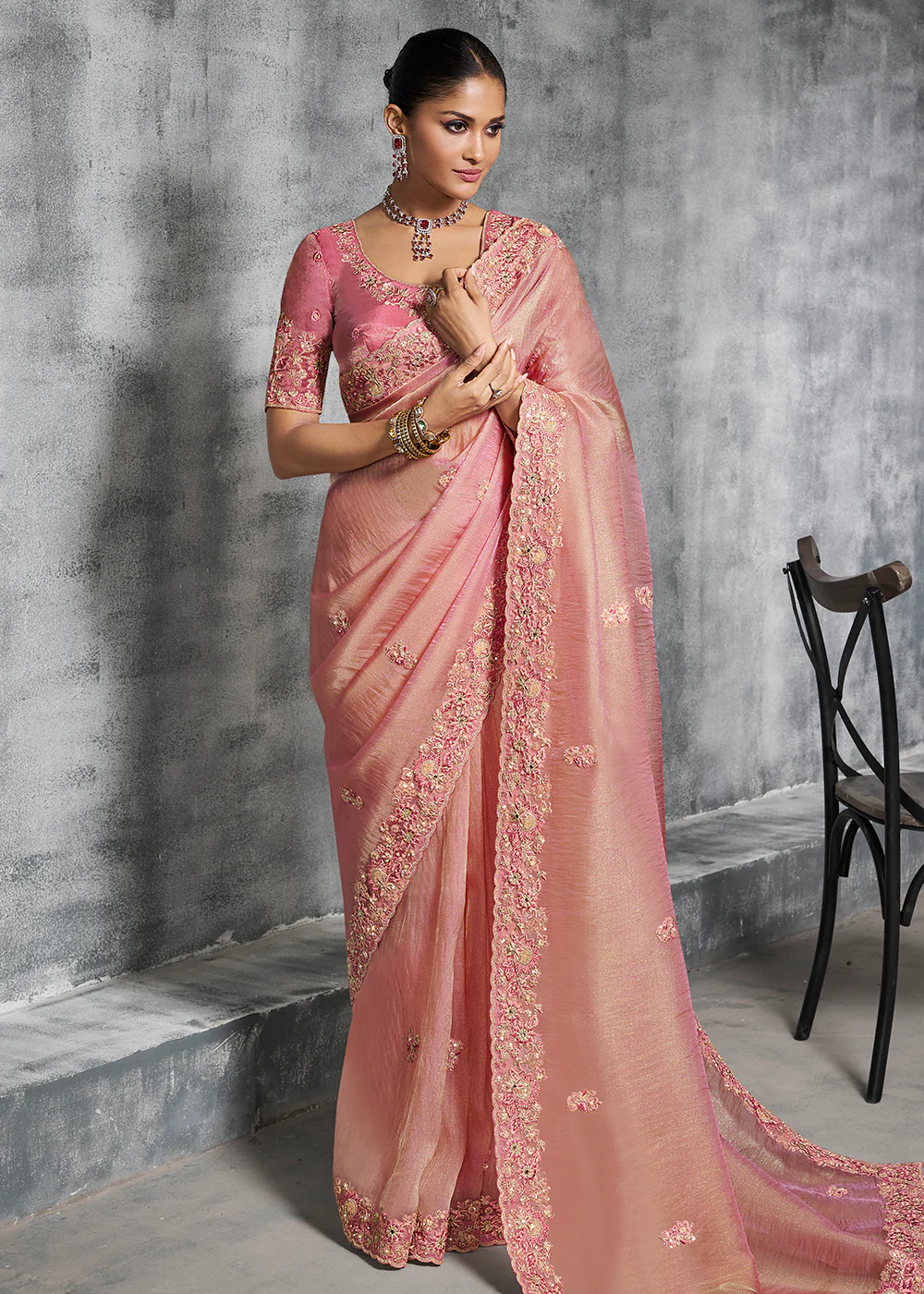 Gorgeous Pink Tissue Zari Party Wear Designer Saree