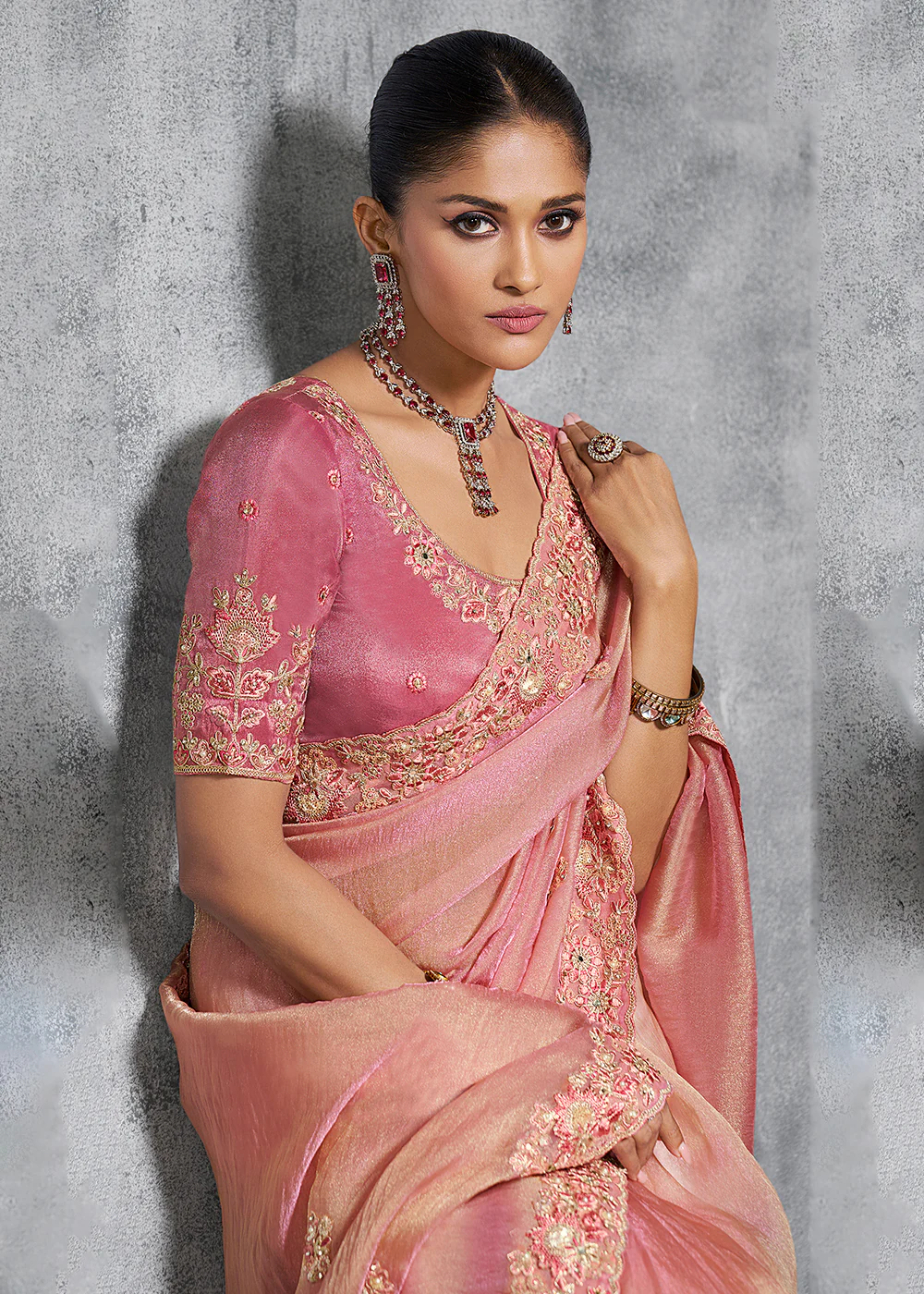 Gorgeous Pink Tissue Zari Party Wear Designer Saree - Image 2