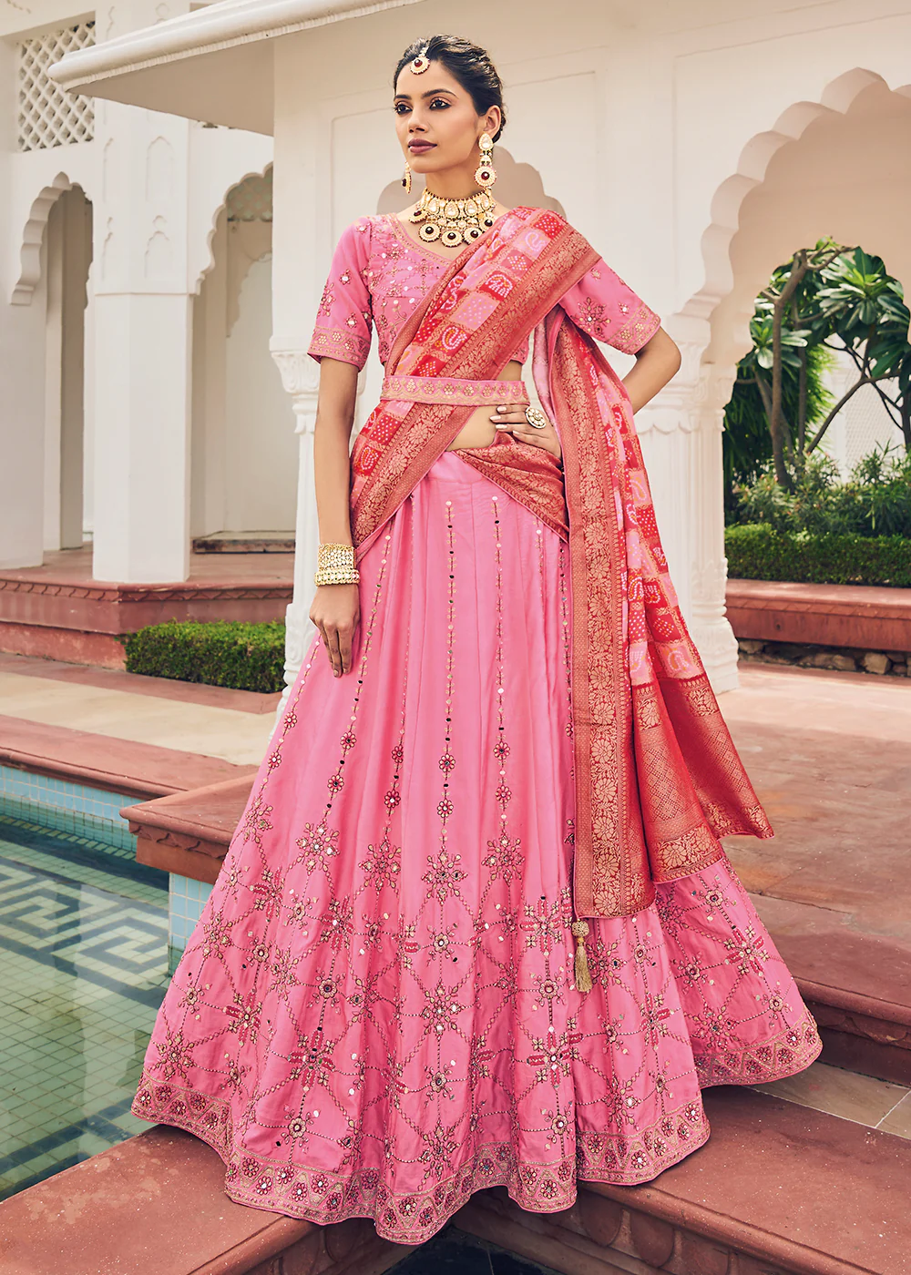 Gorgeous Pink Viscose Silk Traditional Bridal Lehenga Choli