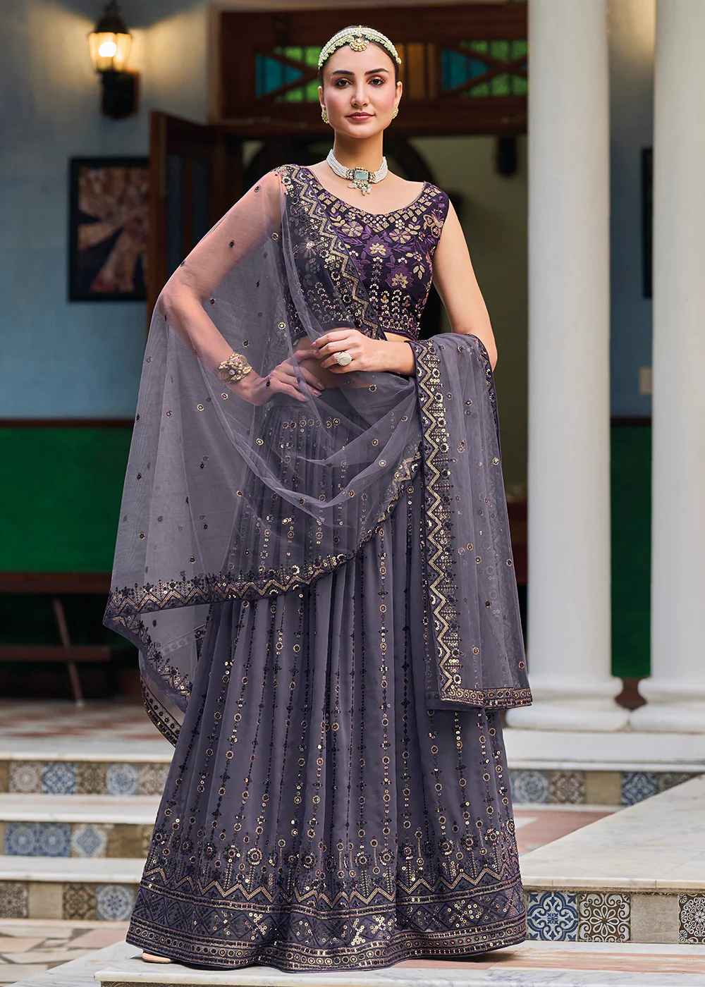 Gorgeous Purple & Grey Heavy Embroidery Wedding Party Lehenga