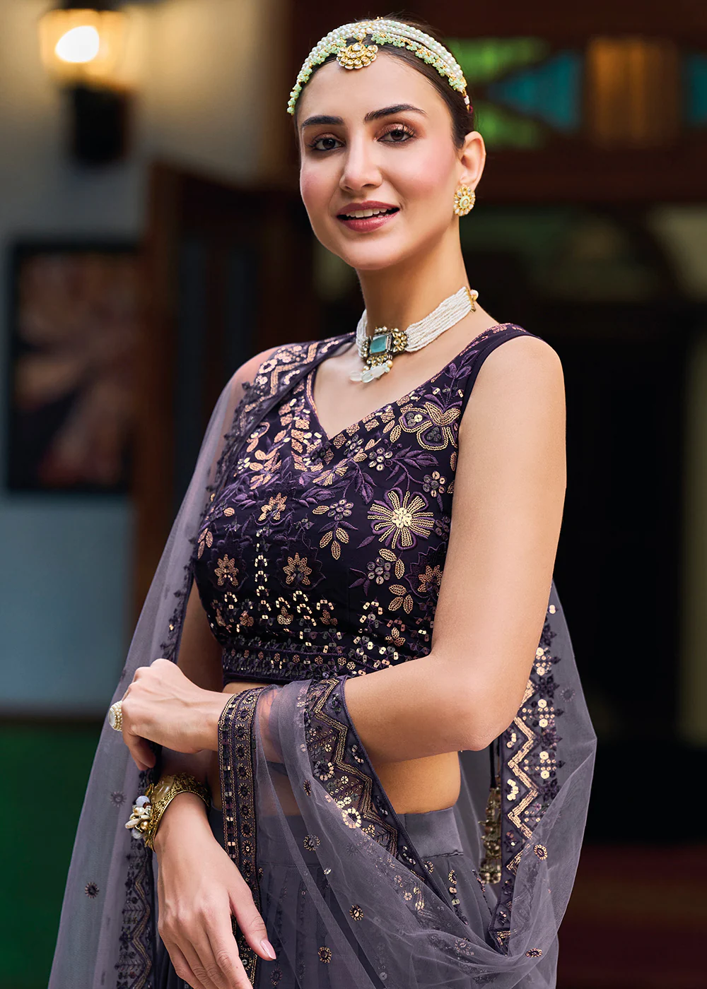Gorgeous Purple & Grey Heavy Embroidery Wedding Party Lehenga - Image 2