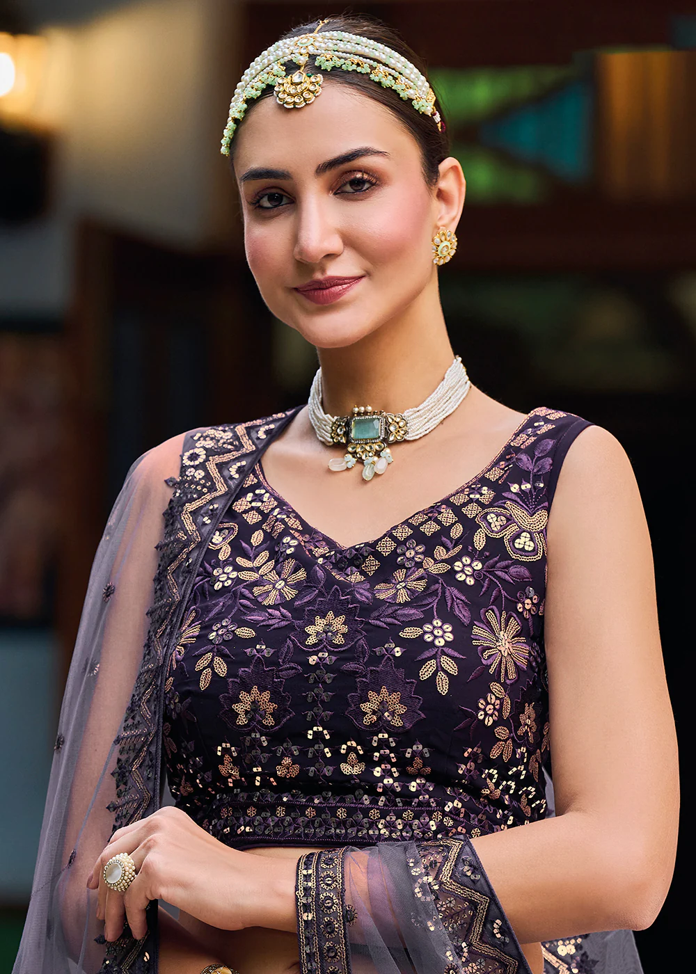 Gorgeous Purple & Grey Heavy Embroidery Wedding Party Lehenga - Image 4
