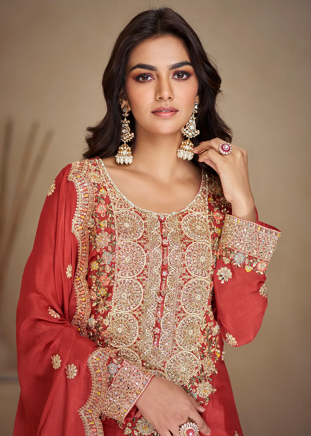 Gorgeous Red Chinnon Sangeet Wear Palazzo Suit - Image 2