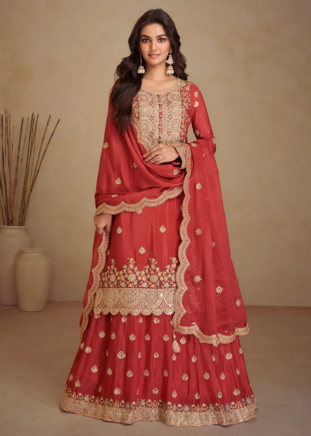 Gorgeous Red Chinnon Sangeet Wear Palazzo Suit - Image 3