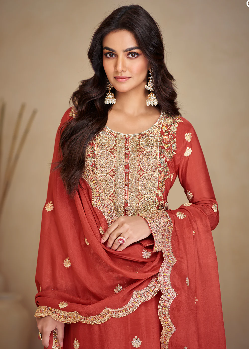 Gorgeous Red Chinnon Sangeet Wear Palazzo Suit - Image 4