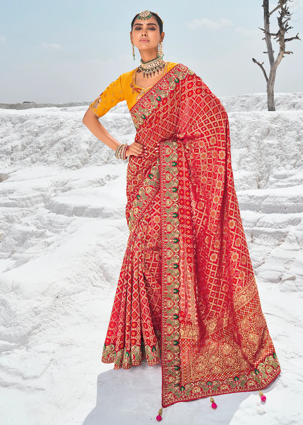 Gorgeous Red Georgette Wedding Bandhani Patola Saree