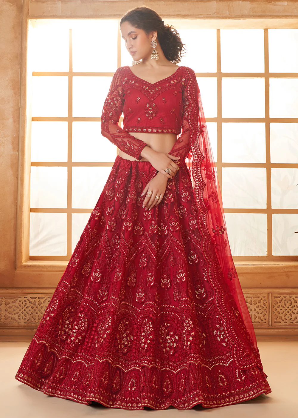 Gorgeous Red Heavy Net Embroidered Bridal Lehenga Choli