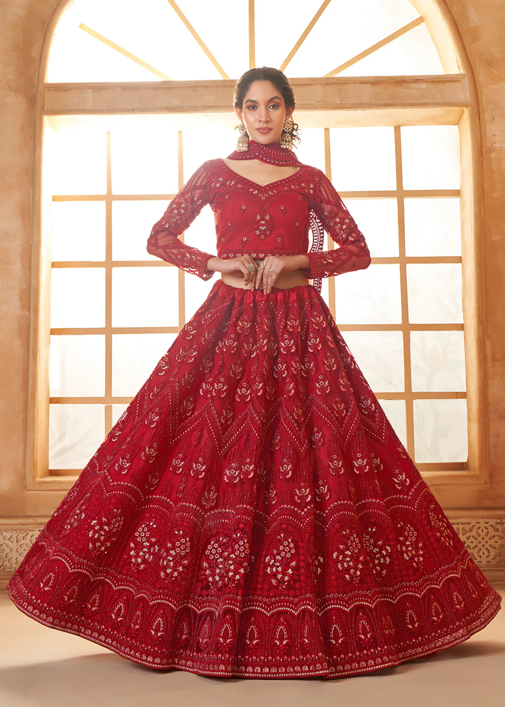 Gorgeous Red Heavy Net Embroidered Bridal Lehenga Choli - Image 4