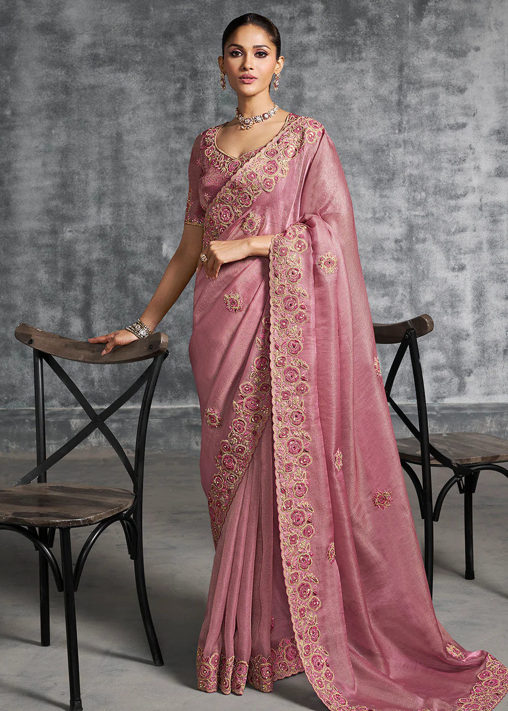 Gorgeous Rose Pink Tissue Zari Party Wear Designer Saree