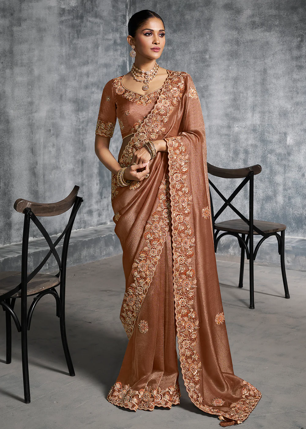 Gorgeous Rust Tissue Zari Party Wear Designer Saree