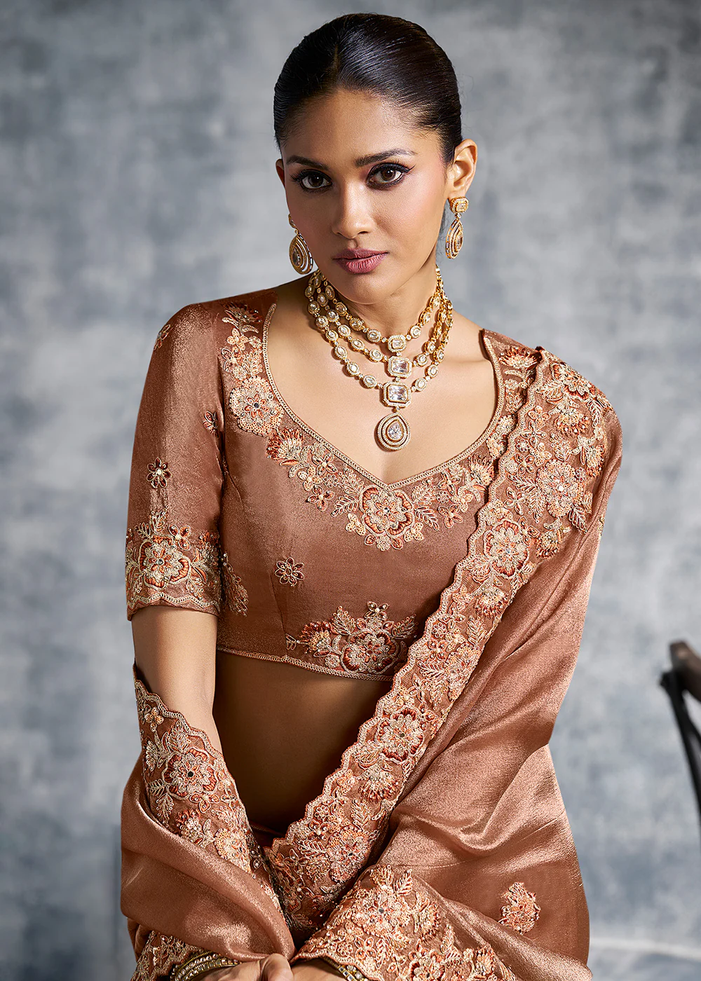 Gorgeous Rust Tissue Zari Party Wear Designer Saree - Image 2