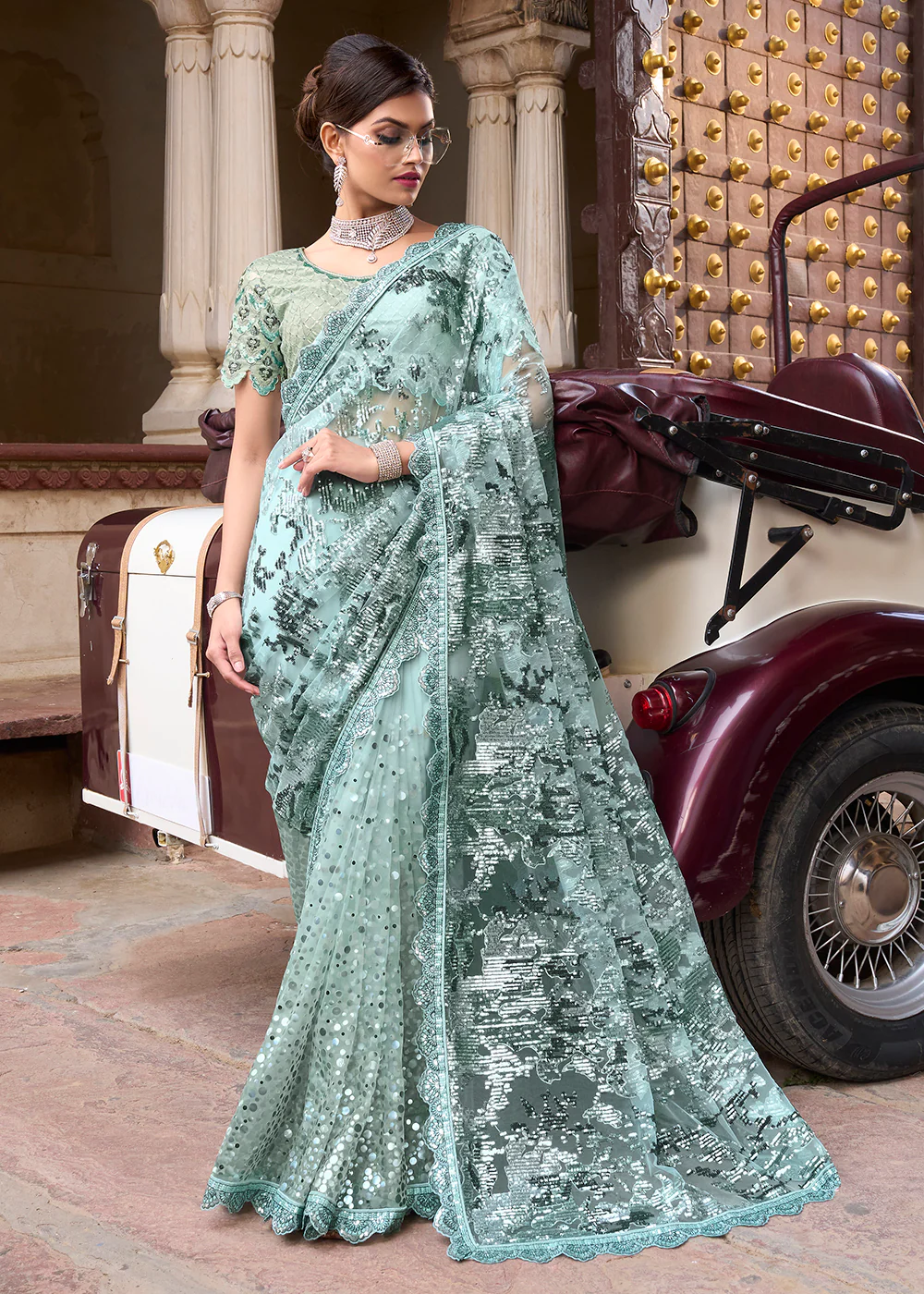 Gorgeous Sea Green Applique Net Designer Bridal Party Wear Saree - Image 3