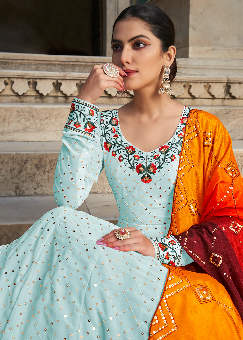 Gorgeous Sky Blue Sequins Georgette Party Wear Festive Gown - Image 3