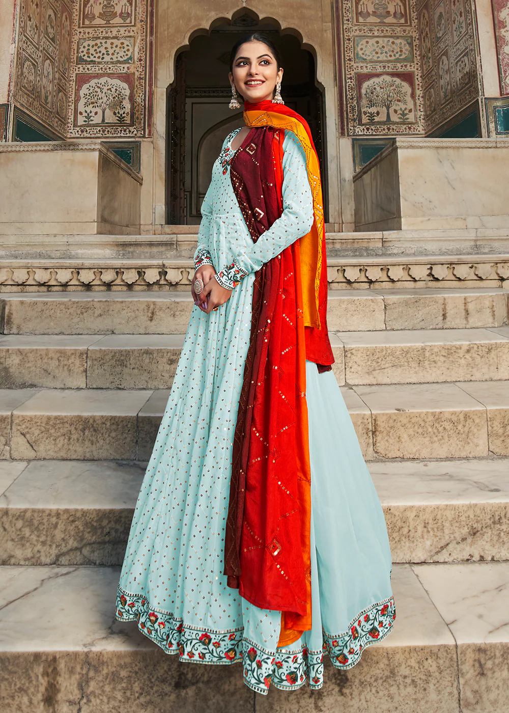 Gorgeous Sky Blue Sequins Georgette Party Wear Festive Gown - Image 4